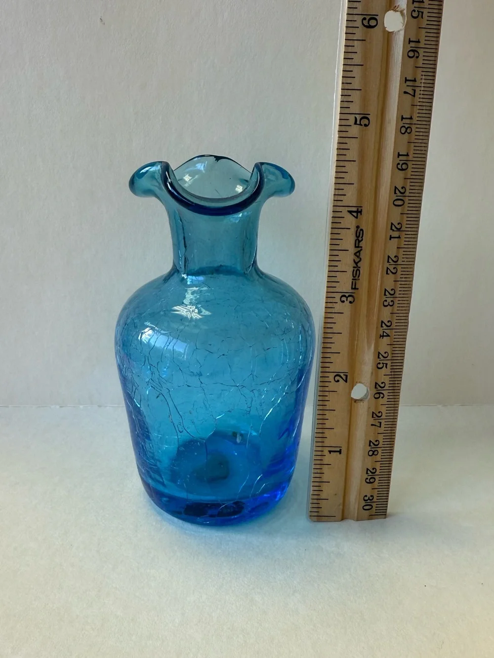 Vintage Blue Crackle Glass Bud Vase Ruffle Rim. - Picture 10 of 10